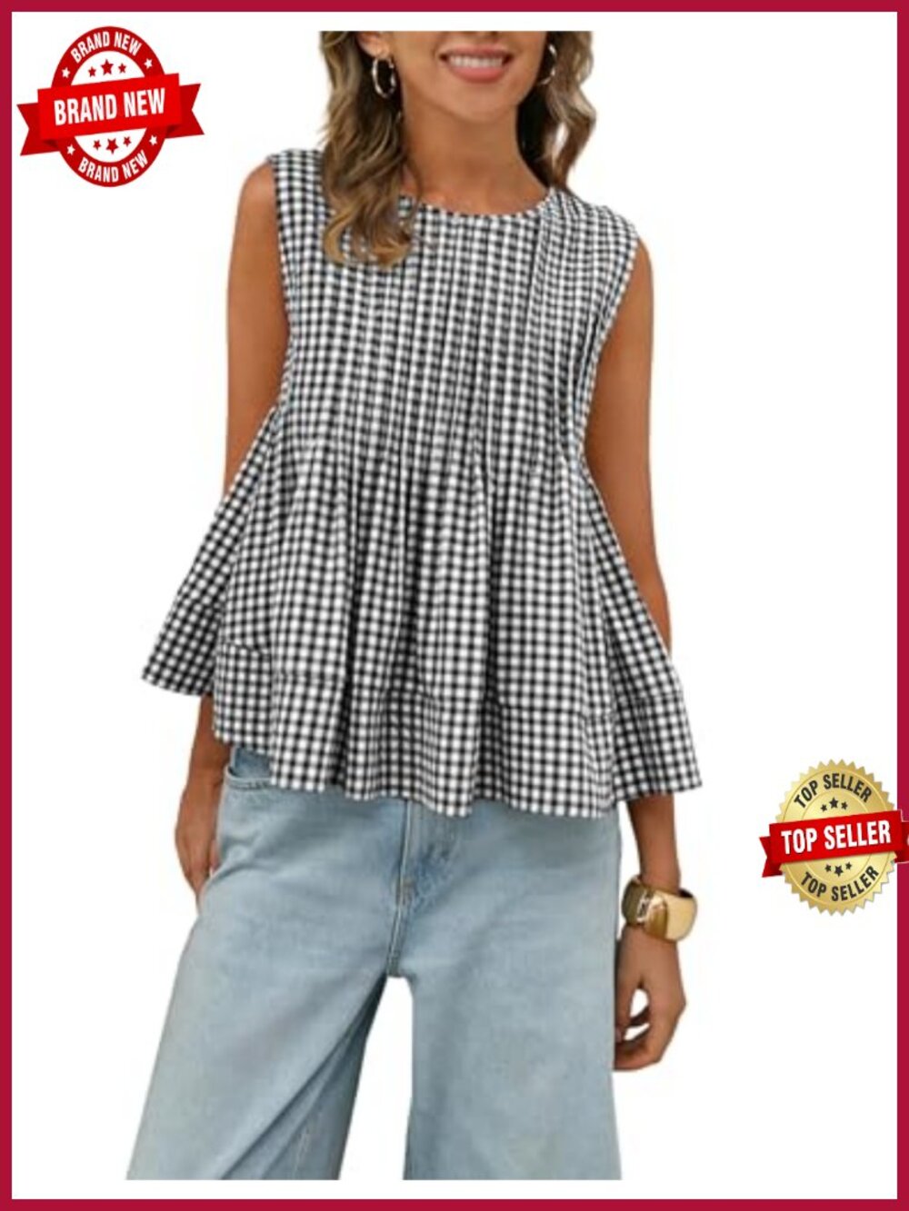 Gingham Pleated Peplum Tank Top Crew Neck Y2K Sleeveless Blouse Babydoll Cotton